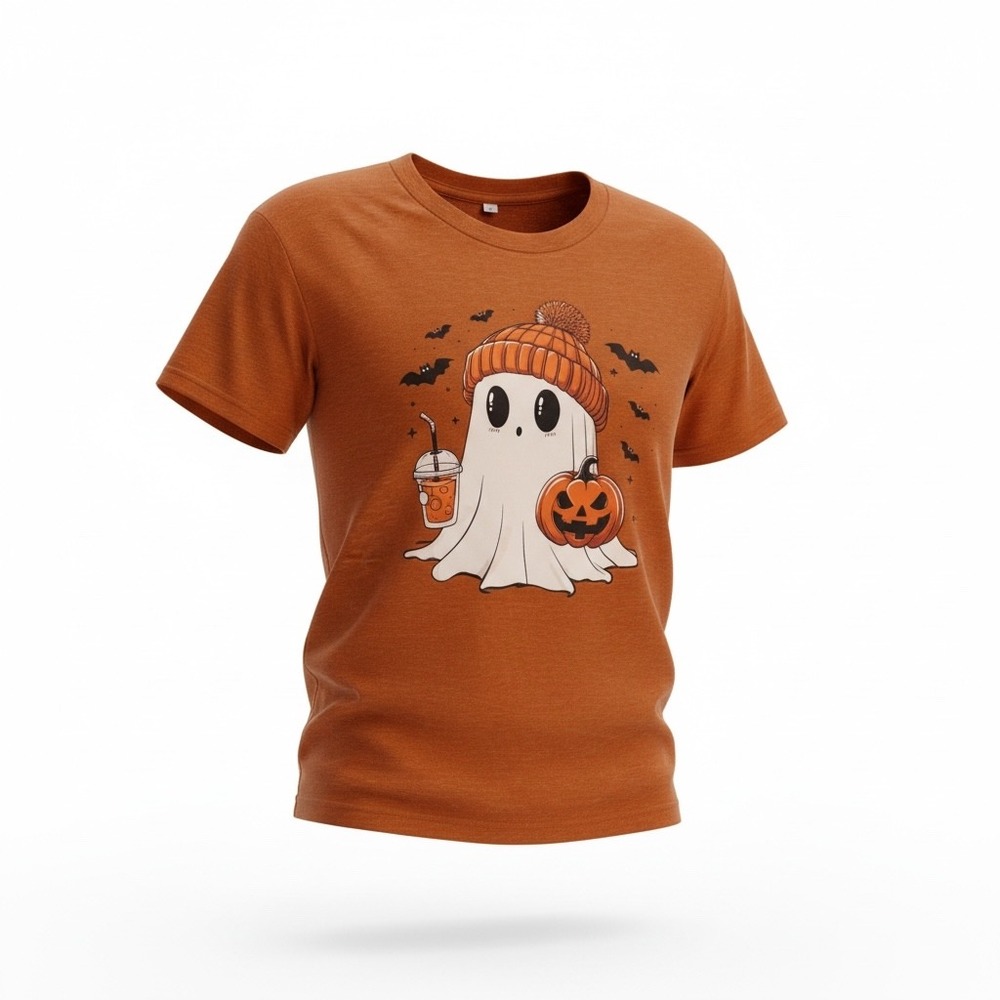 Halloween Ghost Graphic T-Shirt Orange Heather Short Sleeve Fall Pumpkin Medium